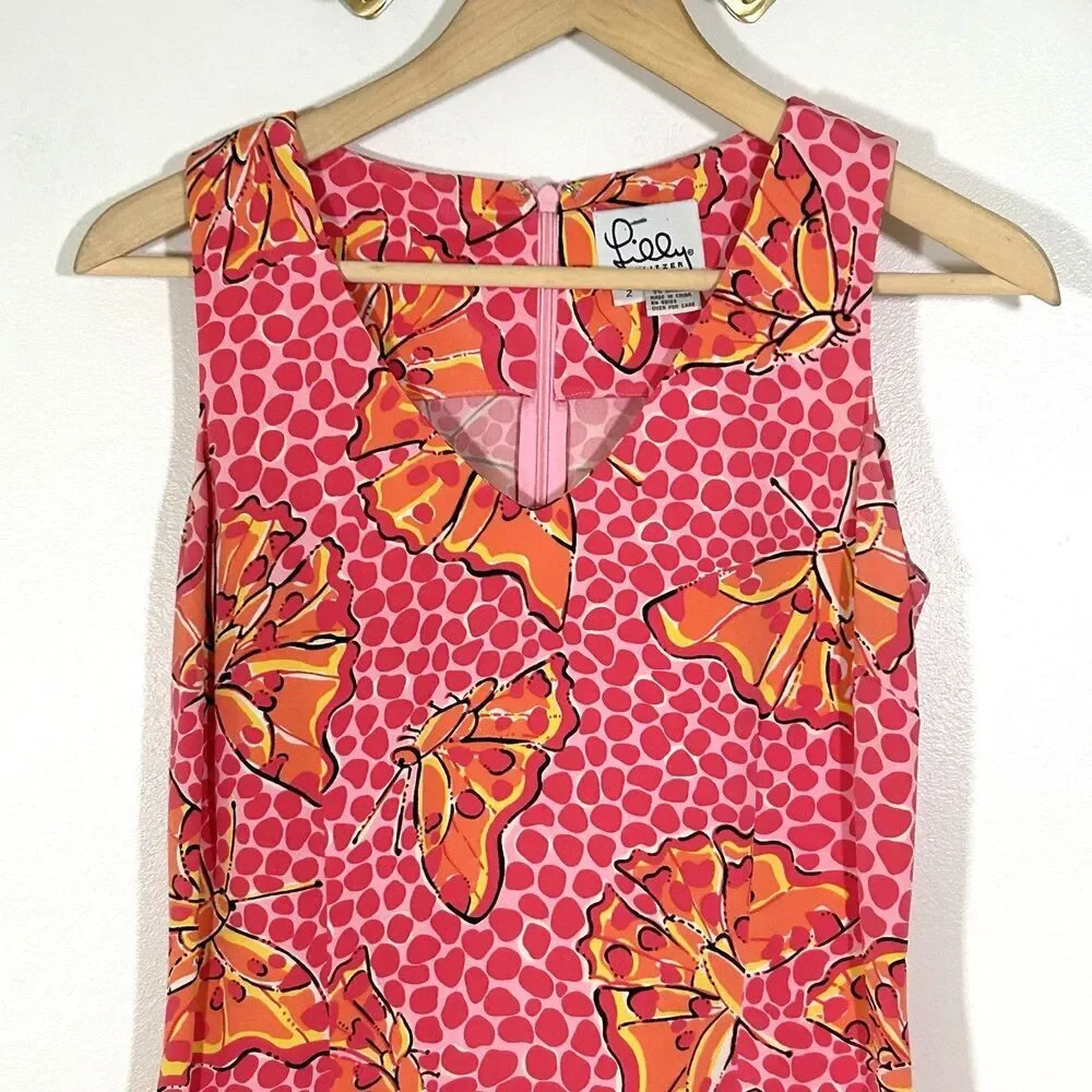 Lilly Pulitzer Butterfly Silk Dress Size 2 Sleeveless V-Neck Pink Knee Length - Picture 3 of 8